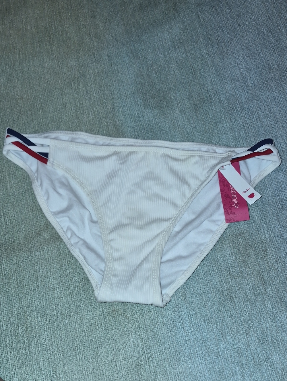 Xhilaration White Ribbed Bikini Bottom with Red and Navy Trim
